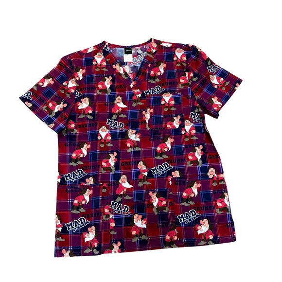 Disney Grumpy Seven Dwarfs Scrub Top Size M Red Plaid Print Health Care Unisex - Picture 3 of 16